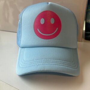 Hobby Lobby Light Blue Trucker Hat with Pink Smiley